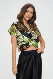 Women's Print Satin Short Sleeve Blouse