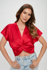 Women's Satin Short Sleeve Twist Front Blouse