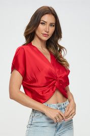 Women's Satin Short Sleeve Twist Front Blouse