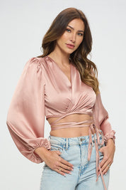 Women's Silky Satin Wrap Crop Top with Tie