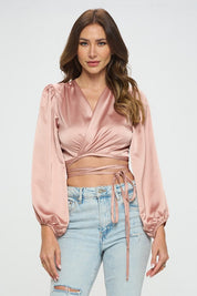 Women's Silky Satin Wrap Crop Top with Tie