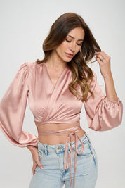 Women's Silky Satin Wrap Crop Top with Tie