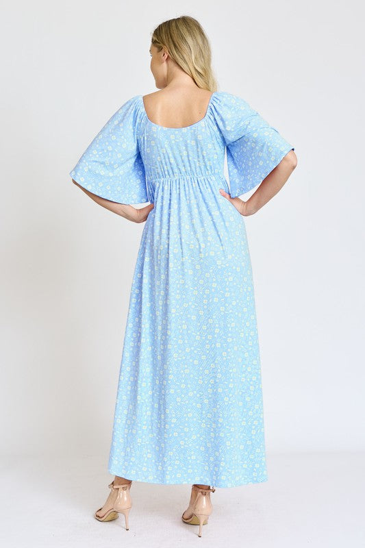 Women's Floral Angel Sleeve Front Tie Maxi Dress