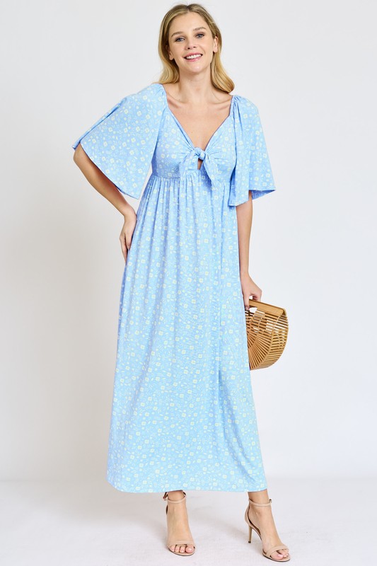 Women's Floral Angel Sleeve Front Tie Maxi Dress