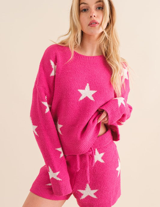 Women's Cozy Star Print Long Sleeve Top and Short Set