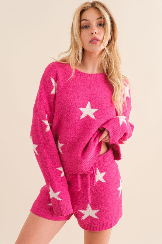 Women's Cozy Star Print Long Sleeve Top and Short Set