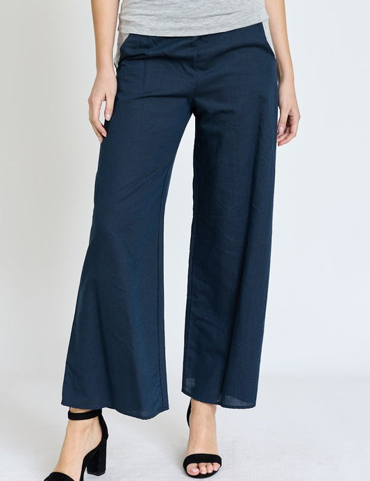 Cotton Linen Wide Leg Pants Fold Over With Pockets