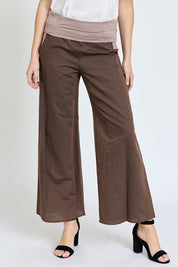 Cotton Linen Wide Leg Pants Fold Over With Pockets