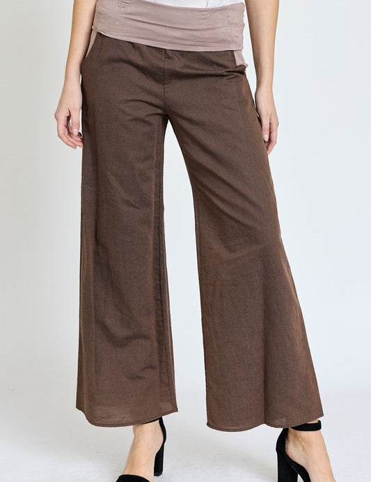 Cotton Linen Wide Leg Pants Fold Over With Pockets