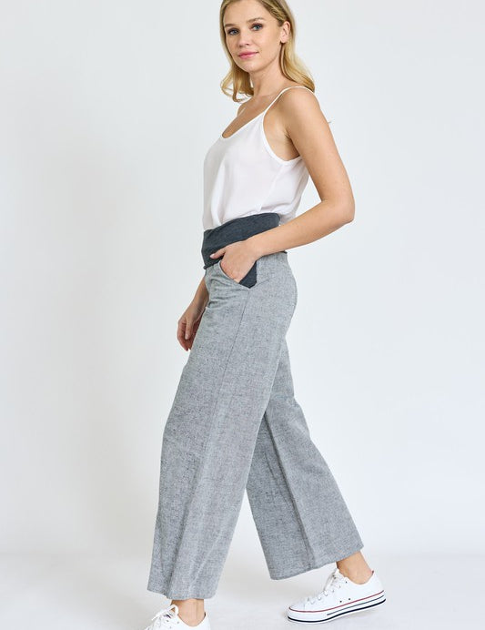 Cotton Linen Wide Leg Pants Fold Over With Pockets