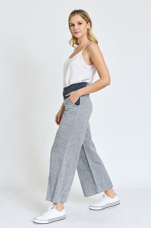 Cotton Linen Wide Leg Pants Fold Over With Pockets