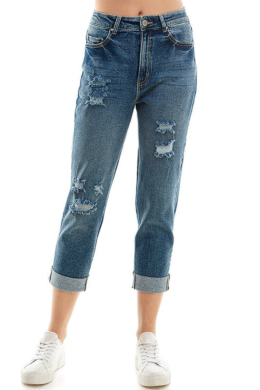 Women's Distressed High Rise Stretch Mom Jeans