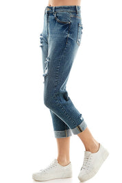 Women's Distressed High Rise Stretch Mom Jeans