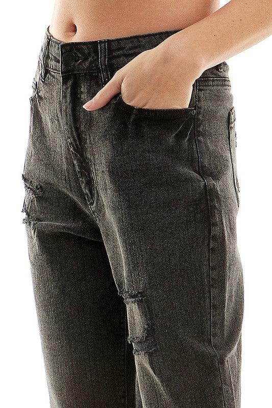 Women's Distressed High Rise Stretch Mom Jeans