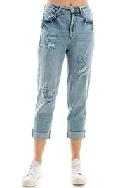 Women's Distressed High Rise Stretch Mom Jeans