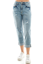 Women's Distressed High Rise Stretch Mom Jeans