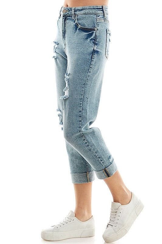 Women's Distressed High Rise Stretch Mom Jeans