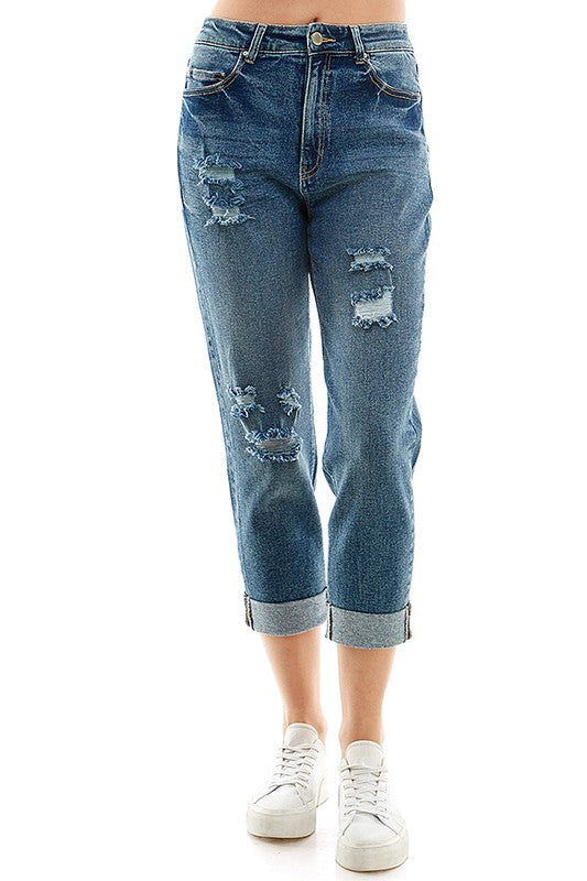 Women's Distressed High Rise Stretch Mom Jeans