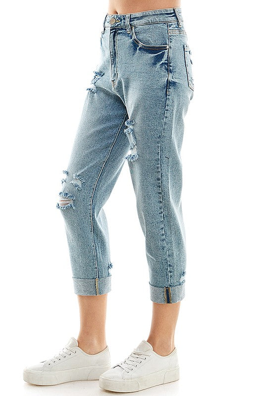 Women's Distressed High Rise Stretch Mom Jeans