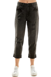 Women's Distressed High Rise Stretch Mom Jeans