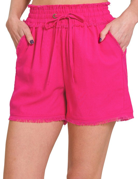 Linen Frayed Hem Drawstring Shorts with Pockets