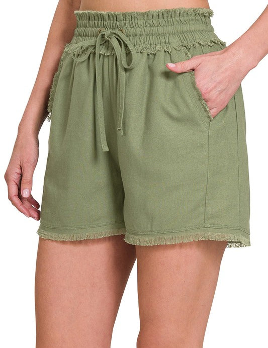 Linen Frayed Hem Drawstring Shorts with Pockets