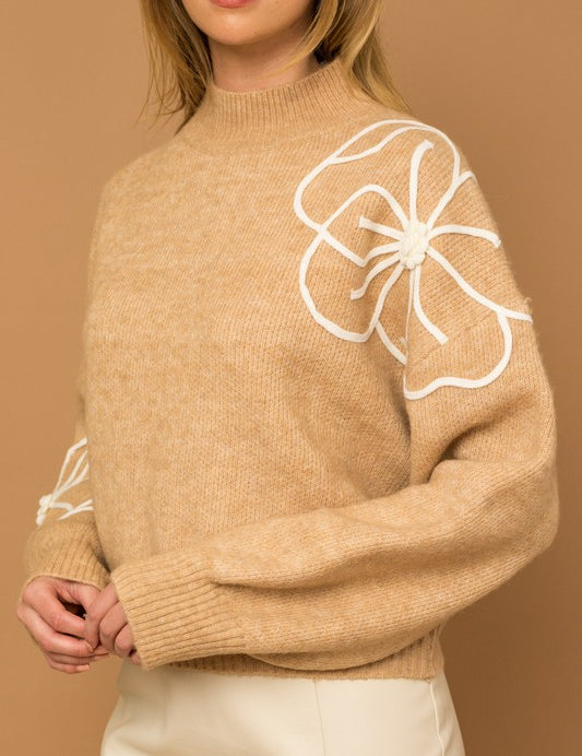 Women's Relaxed Fit Flower Embroidery Mock Neck Sweater