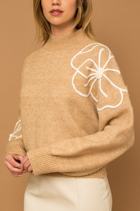 Women's Relaxed Fit Flower Embroidery Mock Neck Sweater