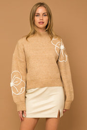 Women's Relaxed Fit Flower Embroidery Mock Neck Sweater