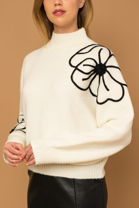 Women's Relaxed Fit Flower Embroidery Mock Neck Sweater