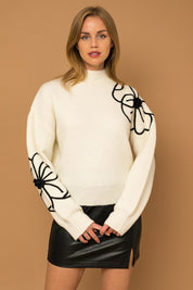 Women's Relaxed Fit Flower Embroidery Mock Neck Sweater