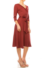 Women's Faux Wrap Dress with Deep V-Neck and Waist Tie