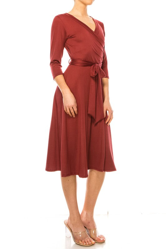 Women's Faux Wrap Dress with Deep V-Neck and Waist Tie