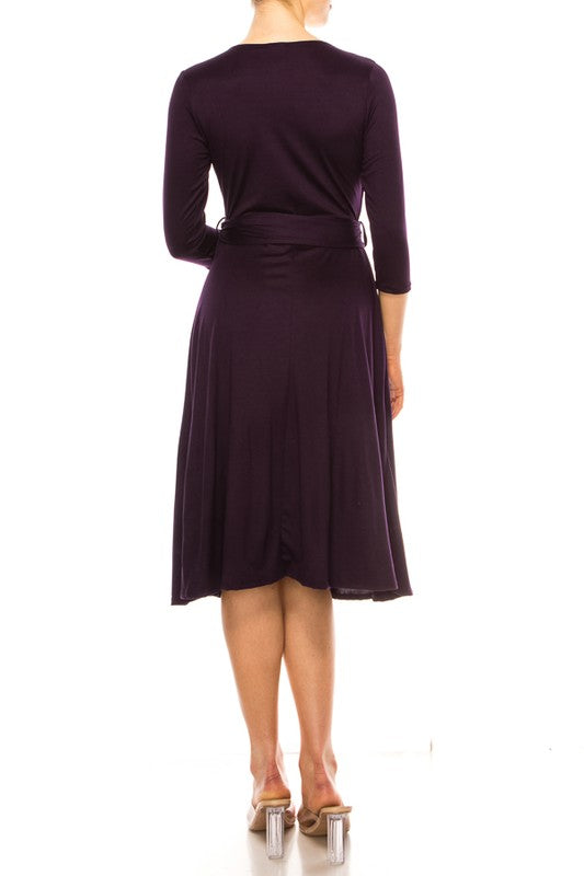 Women's Faux Wrap Dress with Deep V-Neck and Waist Tie