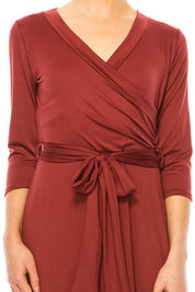 Women's Faux Wrap Dress with Deep V-Neck and Waist Tie