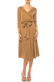 Women's Faux Wrap Dress with Deep V-Neck and Waist Tie