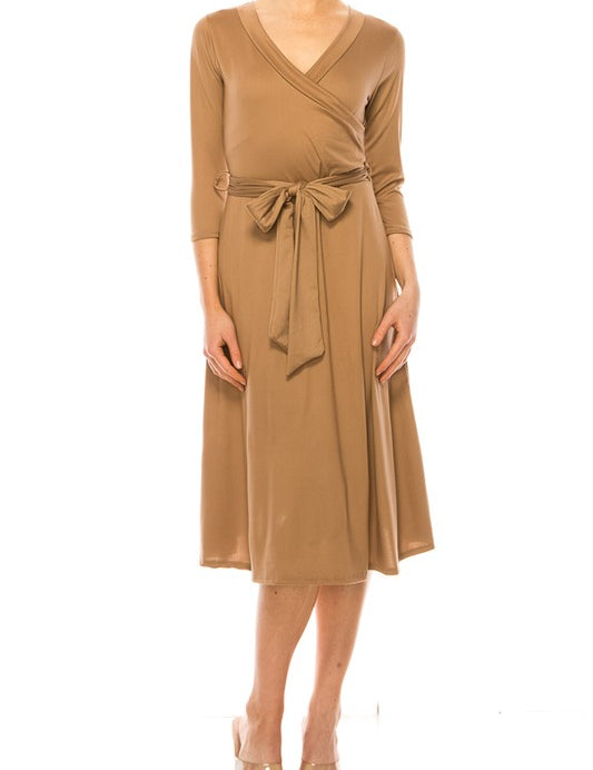 Women's Faux Wrap Dress with Deep V-Neck and Waist Tie