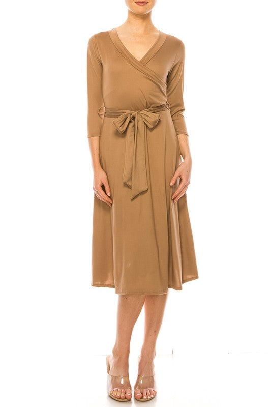 Women's Faux Wrap Dress with Deep V-Neck and Waist Tie