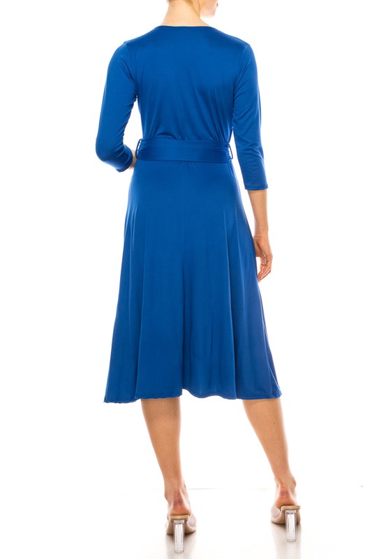 Women's Faux Wrap Dress with Deep V-Neck and Waist Tie