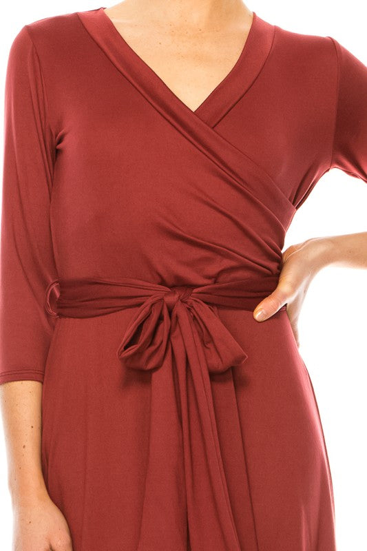 Women's Faux Wrap Dress with Deep V-Neck and Waist Tie