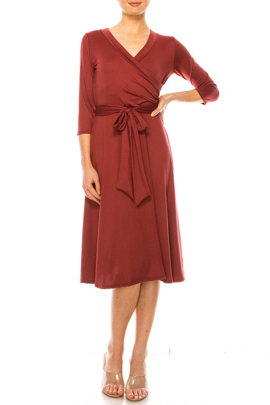 Women's Faux Wrap Dress with Deep V-Neck and Waist Tie