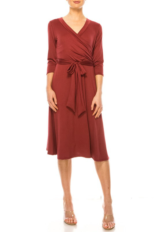 Women's Faux Wrap Dress with Deep V-Neck and Waist Tie