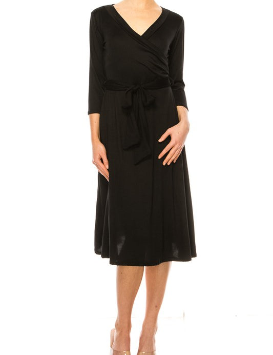 Women's Faux Wrap Dress with Deep V-Neck and Waist Tie