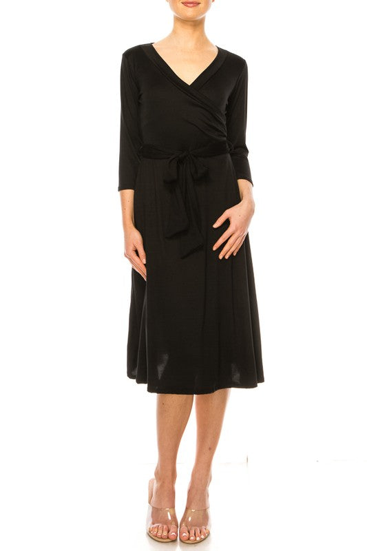 Women's Faux Wrap Dress with Deep V-Neck and Waist Tie