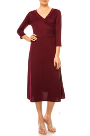 Women's Faux Wrap Dress with Deep V-Neck and Waist Tie