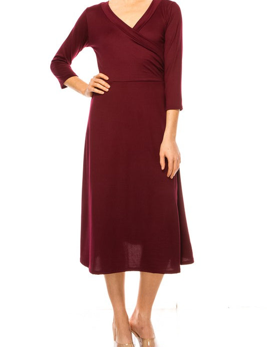 Women's Faux Wrap Dress with Deep V-Neck and Waist Tie