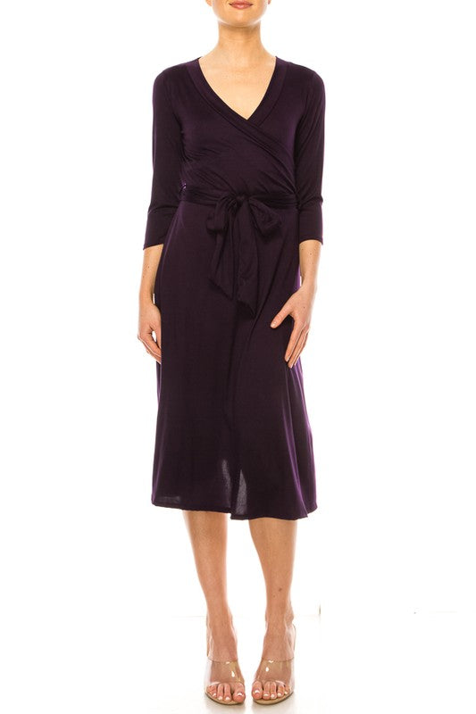 Women's Faux Wrap Dress with Deep V-Neck and Waist Tie