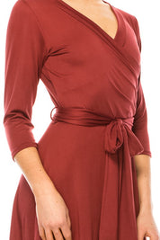 Women's Faux Wrap Dress with Deep V-Neck and Waist Tie