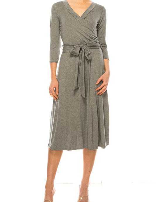 Women's Faux Wrap Dress with Deep V-Neck and Waist Tie