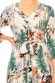 Women's Floral Faux Wrap Dress with Deep V-Neck